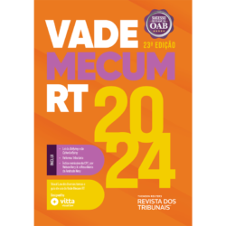 Capa de livro com fundo laranja, título "Vade Mecum RT 2024", com selo da OAB e destaques da obra.