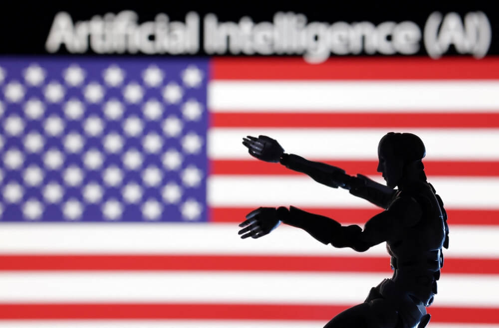 imagem de robô com inteligência artificial com fundo da bandeira dos EUA