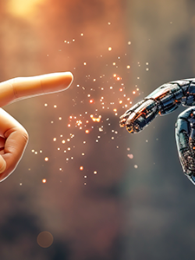Mão humana quase tocando uma mão robótica. Inteligência Artificial Generativa.
