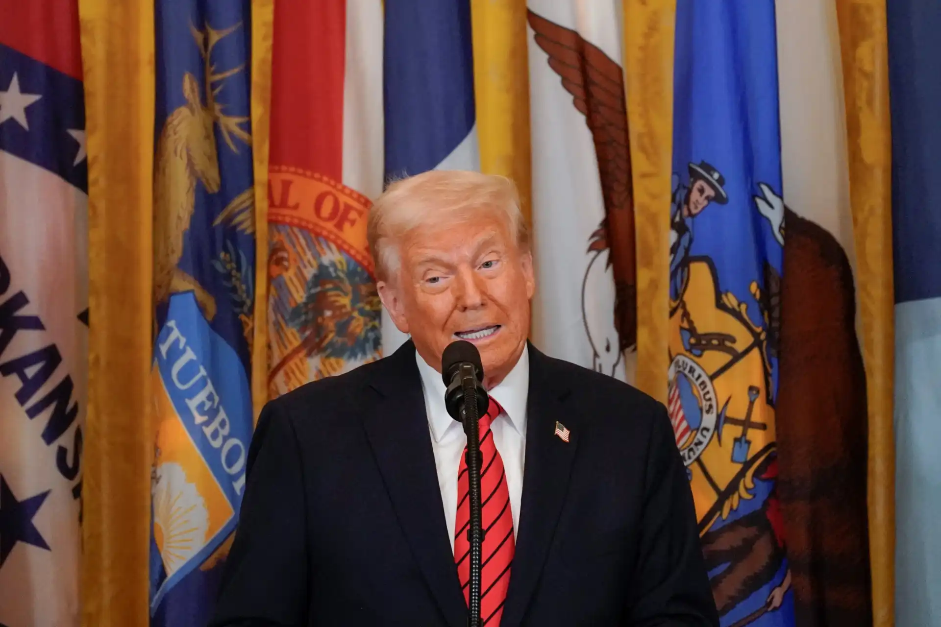 Donald Trump falando em um evento com bandeiras ao fundo, destacando-se as cores vibrantes das bandeiras dos estados dos EUA. Ele parece confiante em seu discurso.