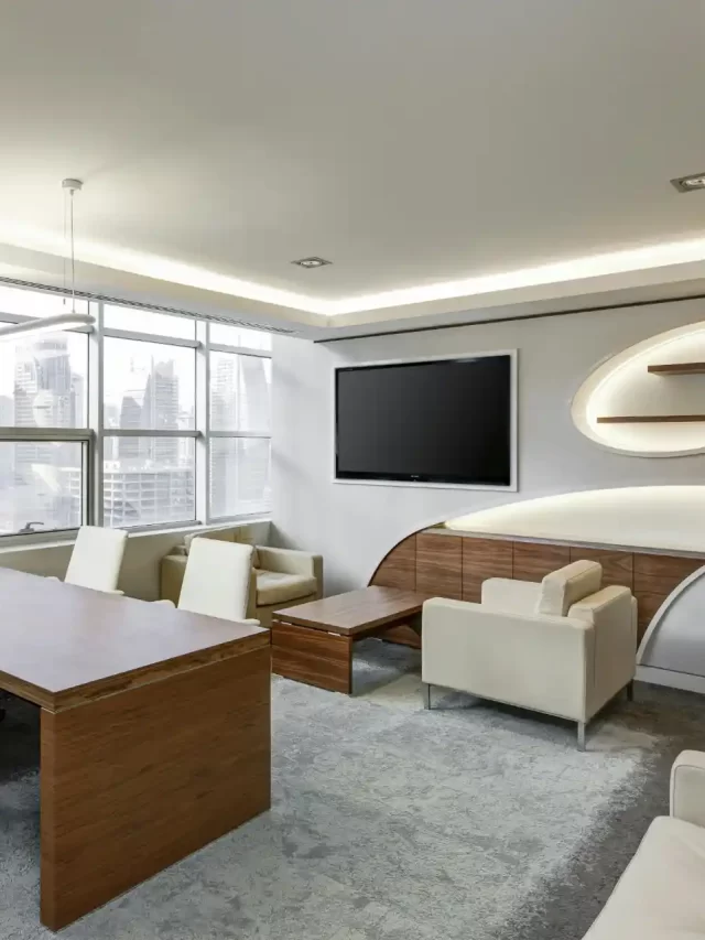 Story Imagem de um escritório moderno e minimalista com móveis elegantes, vista para a cidade através de janelas amplas, ideal para ambientes de trabalho sofisticação de recuperação judicial