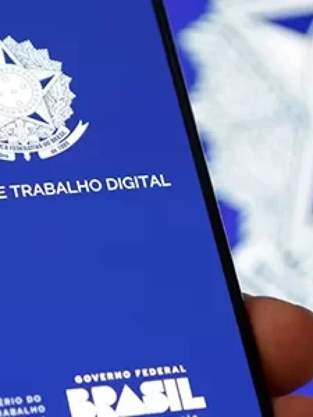 Story Imagem de um smartphone exibindo a Carteira de Trabalho Digital, com fundo azul e o símbolo do Governo Federal do Brasil, ilustrando a modernização dos serviços trabalhistas.