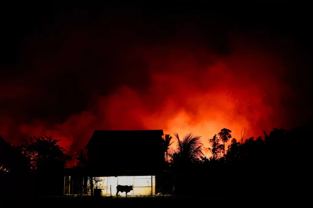 Incêndio devastador em uma floresta, com fogo alto e fumaça densa, visto ao fundo durante a noite, enquanto uma casa e um cavalo estão em primeiro plano, simbolizando ameaça e desastres ambientais.