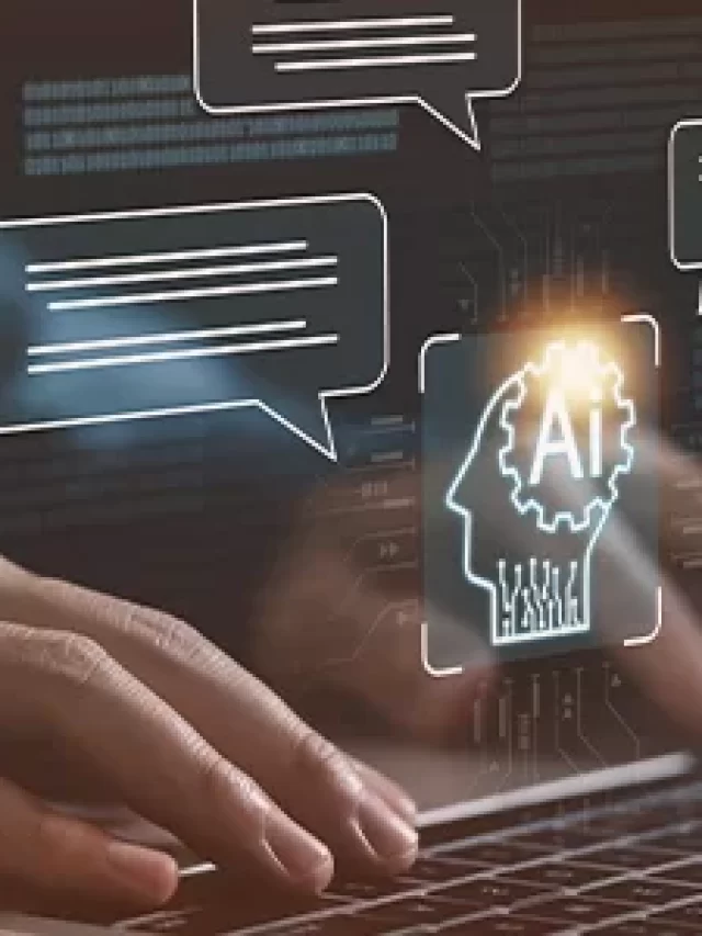 Story Imagem de uma pessoa digitando em um teclado de laptop com elementos gráficos de inteligência artificial (IA) representados por balões de conversa e um cérebro luminoso na tela, destacando o tema de AI e tecnologia.