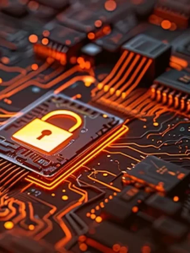 Story Imagem de uma placa de circuito eletrônico com destaque para um ícone de cadeado aberto, simbolizando segurança digital e proteção de dados, com detalhes de componentes e conexões em cores quentes. Ideal para temas de segurança cibernética e tecnologia.