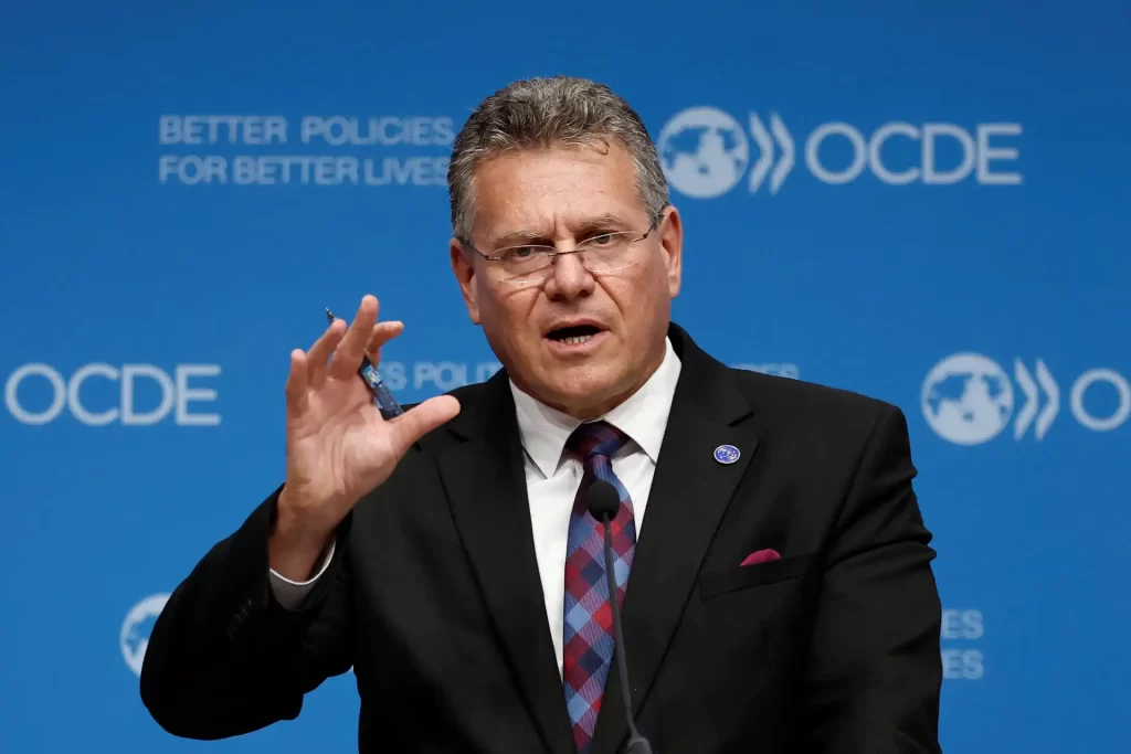Homem em discurso na conferência da OCDE, vestindo terno e gravata, falando com expressão séria em frente ao fundo azul com logotipos da OCDE.