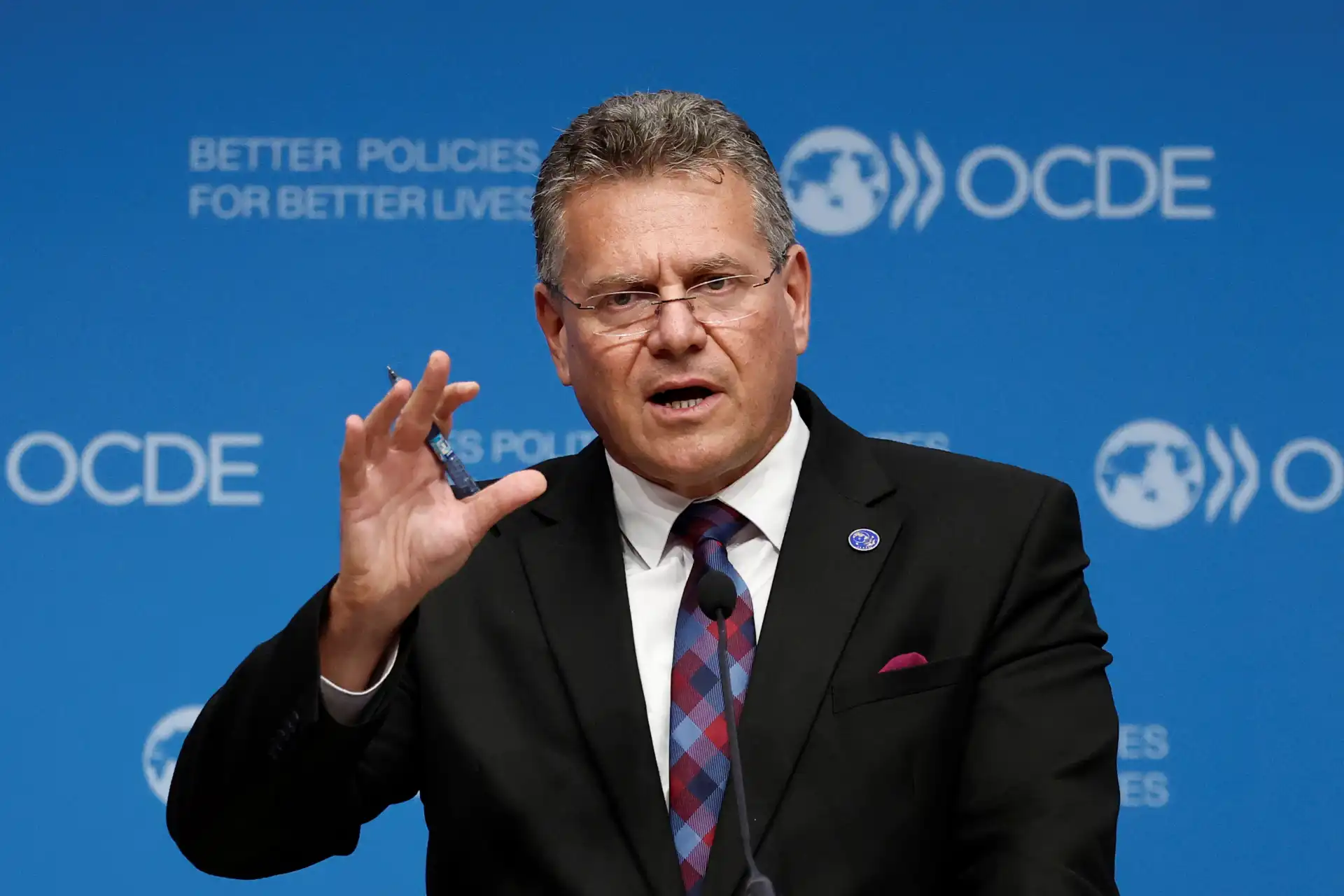 Homem em discurso na conferência da OCDE, vestindo terno e gravata, falando com expressão séria em frente ao fundo azul com logotipos da OCDE.