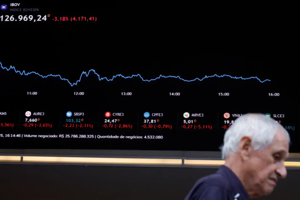 Imagem de uma tela de monitor com índice IBOVESPA mostrando queda de 3,18% nesta tarde, em um ambiente de bolsa de valores, com um homem idoso ao lado. A tela exibe ações e seus percentuais de variação.