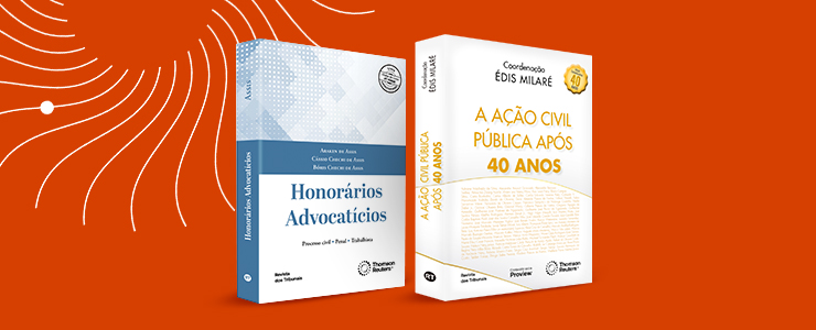 Imagem de livros sobre ação civil pública após 40 anos de lançamento, destacando temas jurídicos e legislações relacionadas ao direito público e advocacia em eventos