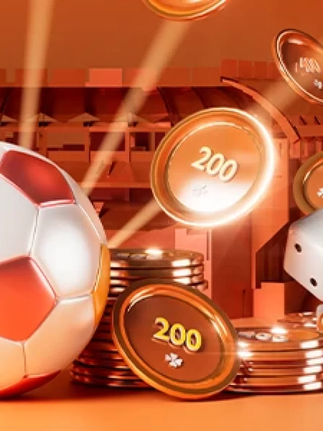 Story Imagem de um gol de futebol com moedas e dados ao redor, simbolizando apostas e prêmios relacionados ao jogo, em um cenário vibrante com iluminação laranja.