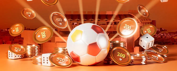 Imagem de um jogo de apostas com moedas, dados e uma bola de futebol, ideal para conteúdo de apostas esportivas e jogos de azar. E tributação das bets
