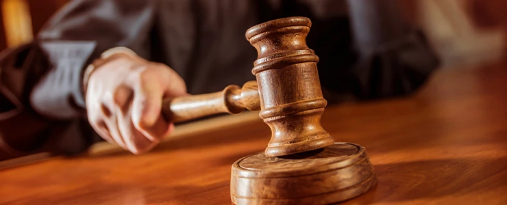 Imagem de um martelo de juiz sendo segurado por uma pessoa, simbolizando autoridade e julgamento legal. A cena mostra o martelo de madeira usado em audiências e tribunais. stf