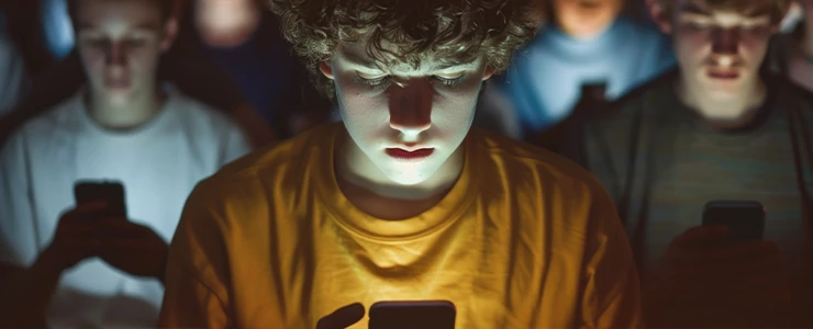 Jovem rapaz concentrado usando celular à noite, iluminado pela tela do dispositivo, com outros jovens ao fundo também focados em seus celulares. adultização