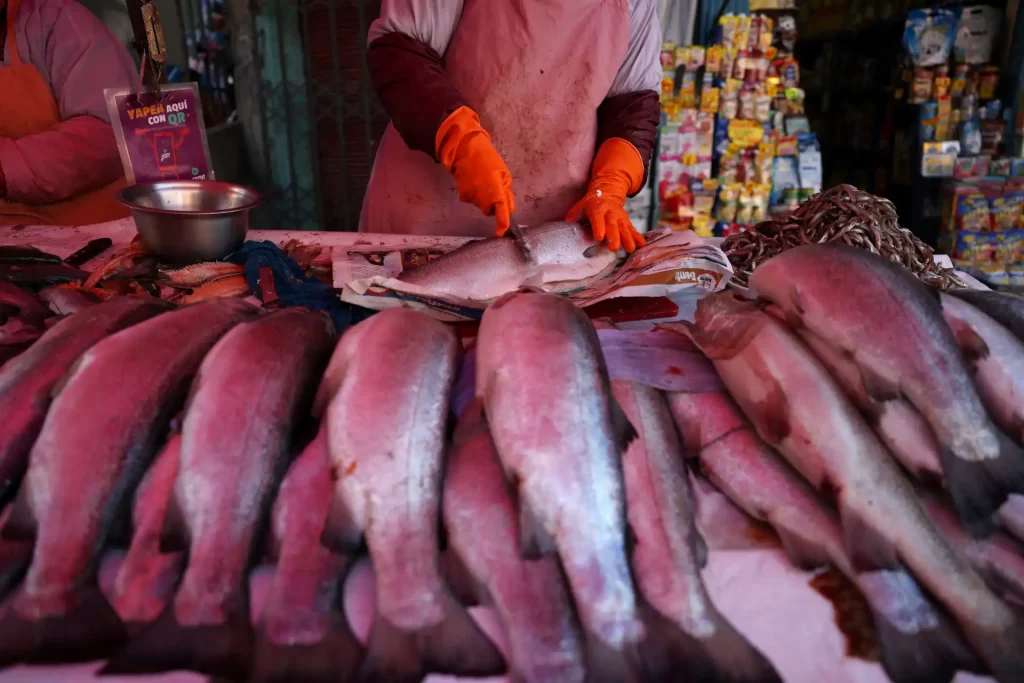 Governo simplifica compra pública de pescados, castanhas, manga, mel e outros alimentos após tarifaço Vendedor de peixe seco na feira, preparando peixes frescos ao lado de vários peixes expostos em uma mesa guarda-chuva de feira de mercado ao ar livre.