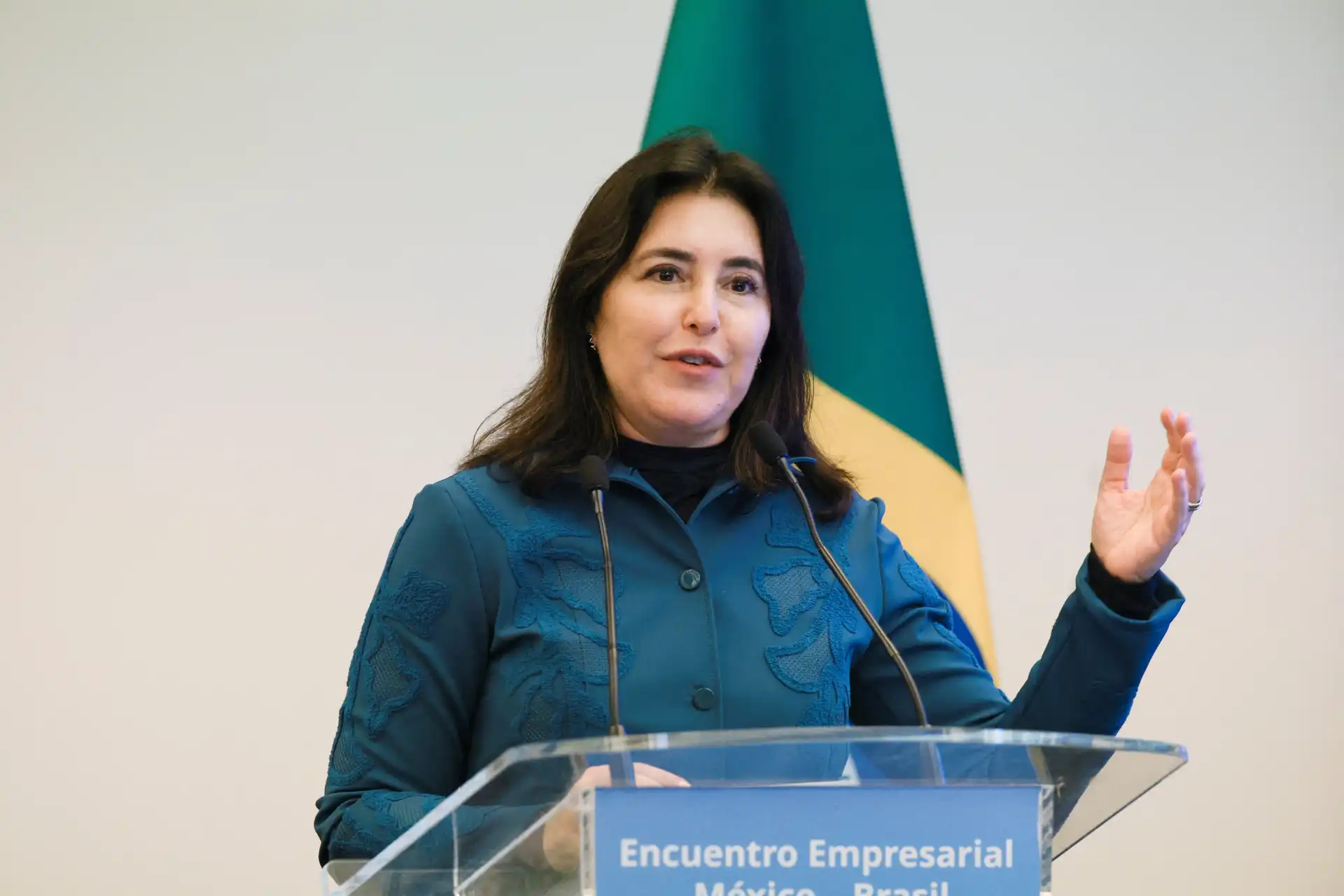 Mulher jurídica falando em evento empresarial no Brasil, com bandeira brasileira ao fundo, representando liderança e negócios no país.