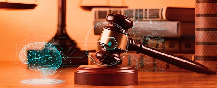 Imagem relacionada a tecnologia, com um martelo de juiz e um cérebro digital, representando inteligência artificial, justiça e inovação no setor tecnológico.