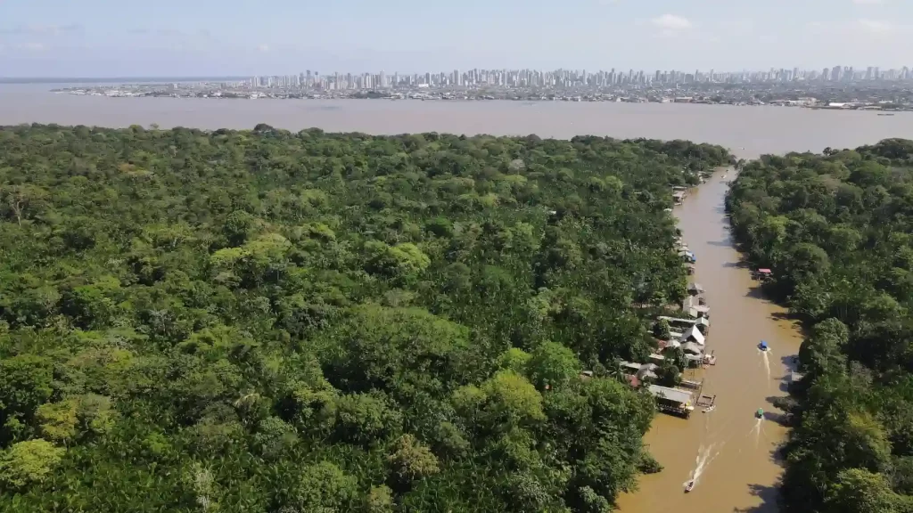Brasil anuncia investimento de US$1 bilhão em fundo global para proteção de florestas Imagem aérea de uma mata exuberante ao lado de um rio com uma vista panorâmica de uma cidade ao fundo, destacando a beleza natural e urbana.
