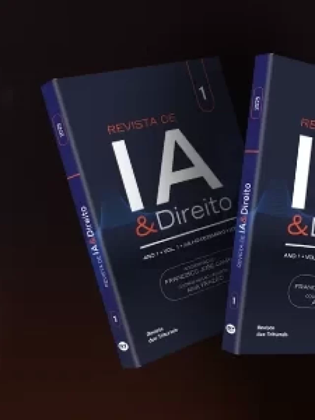 Story Imagem de uma mão segurando um tablet com elementos gráficos e dois livros ao lado, relacionados ao Direito e à Revista de Direito.
