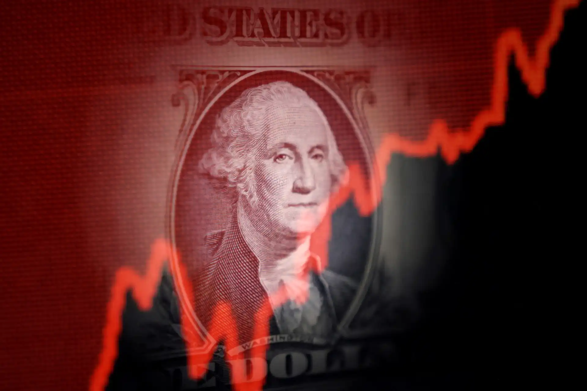 Gráfico de crescimento econômico com uma imagem de uma nota de dólar ao fundo, destacando o impacto de políticas econômicas e investimentos no mercado financeiro.