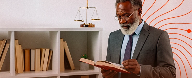 Homem idoso de terno adicionando estilo na sua leitura, com escritório moderno ao fundo, incluindo livros e balança de justiça, representando conhecimento, direito e código civil