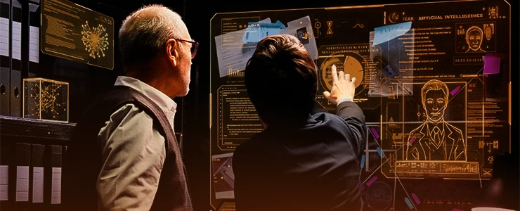 Imagem de dois homens analisando uma tela digital futurista com informações de inteligência artificial, tecnologia avançada e segurança digital.