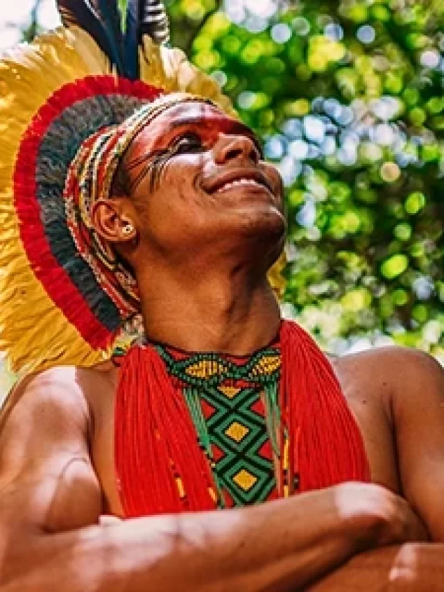 Homem indígena usando cocar tradicional, expressão de orgulho e conexão com a natureza, em ambiente de floresta tropical no Brasil.