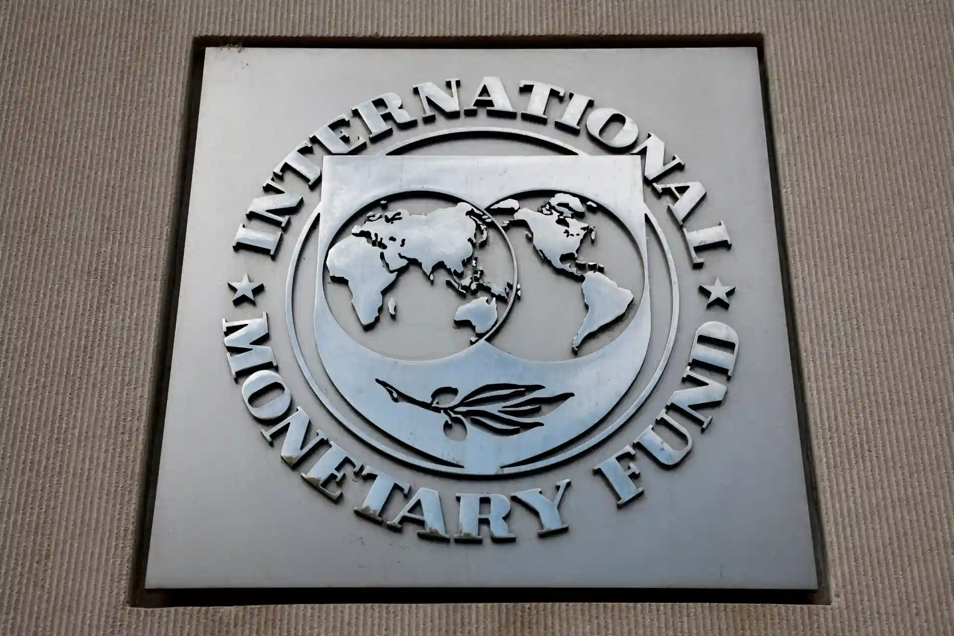 Logo do Fundo Monetário Internacional (FMI) com mapa-múndi e símbolo de economia, representando a instituição financeira global.